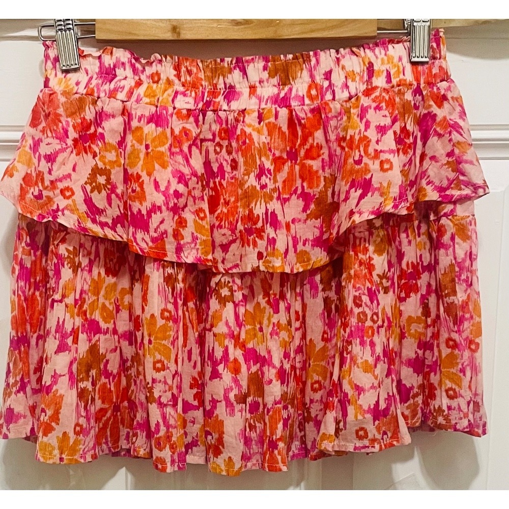 Olivaceous Ruffle Mini Skirt Floral Print Elastic Waist Casual Pink M‎